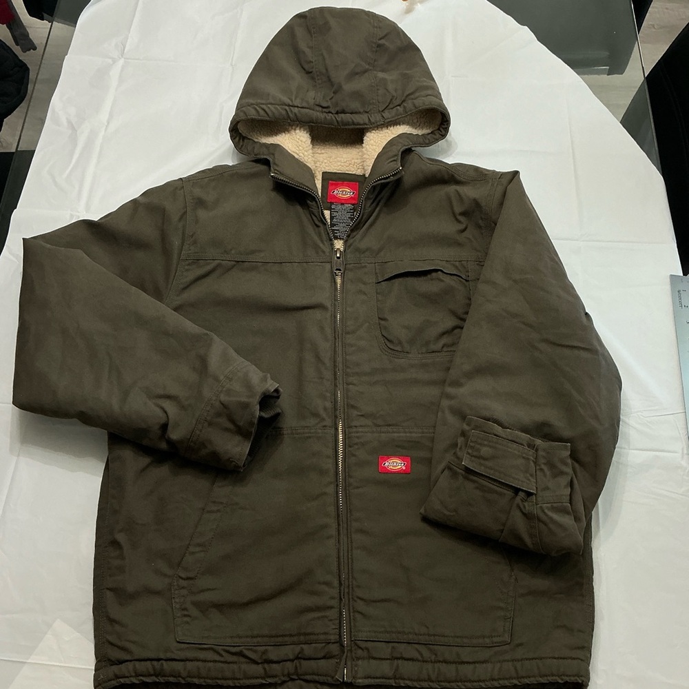 Dickies Sherpa Lined Canvas Work Jacket Mens Large Khaki Hooded Full Zip
